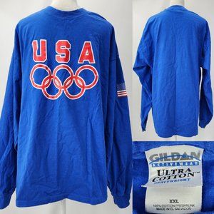 Vtg 90s Y2K USA Olympics Mens XXL American Flag Blue Cotton Long Sleeve T-shirt